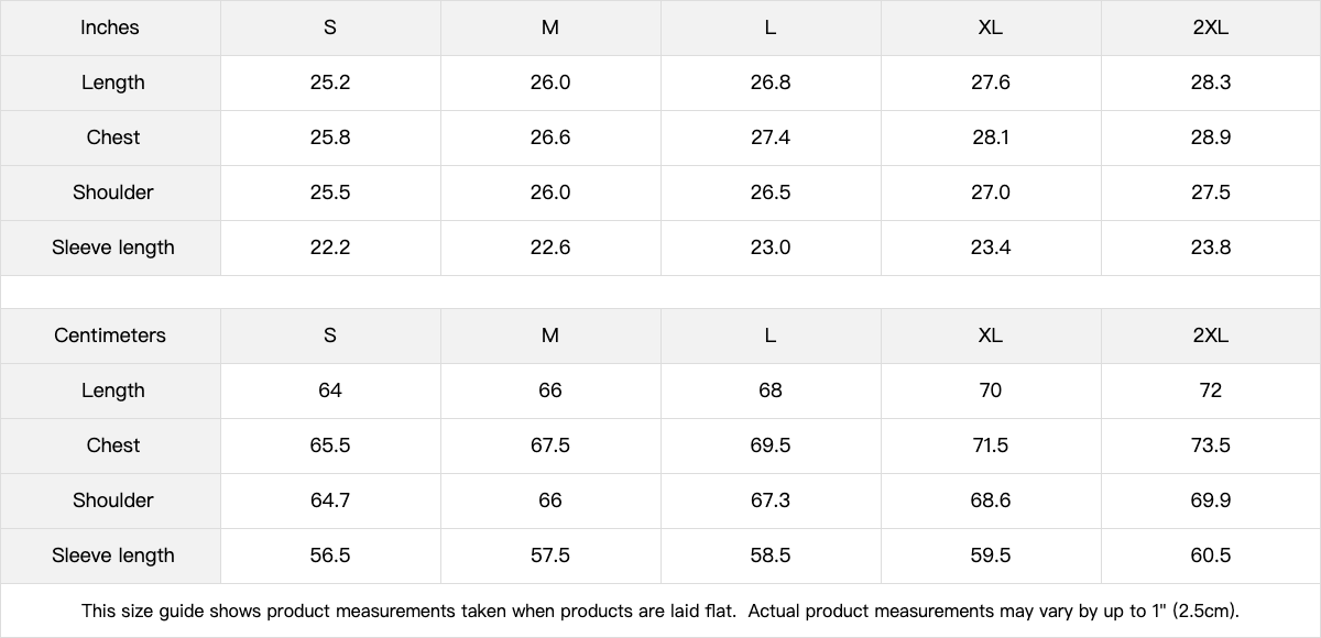 Durare Eternal Hoodie size guide showing dimensions in inches and centimeters for different sizes.