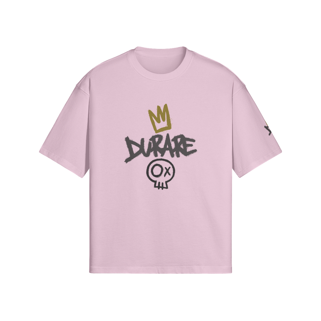 Durare Graffiti Tee in pink with unique graphics, featuring boxy silhouette and drop shoulders for modern streetwear style.
