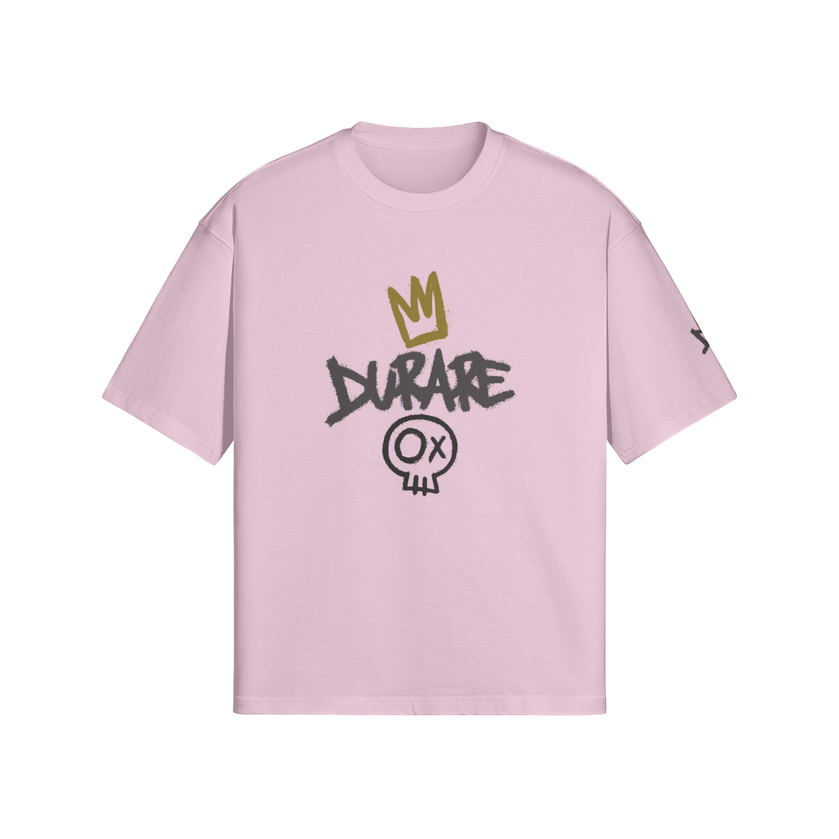 Durare Graffiti Tee in pink with unique graphics, featuring boxy silhouette and drop shoulders for modern streetwear style.