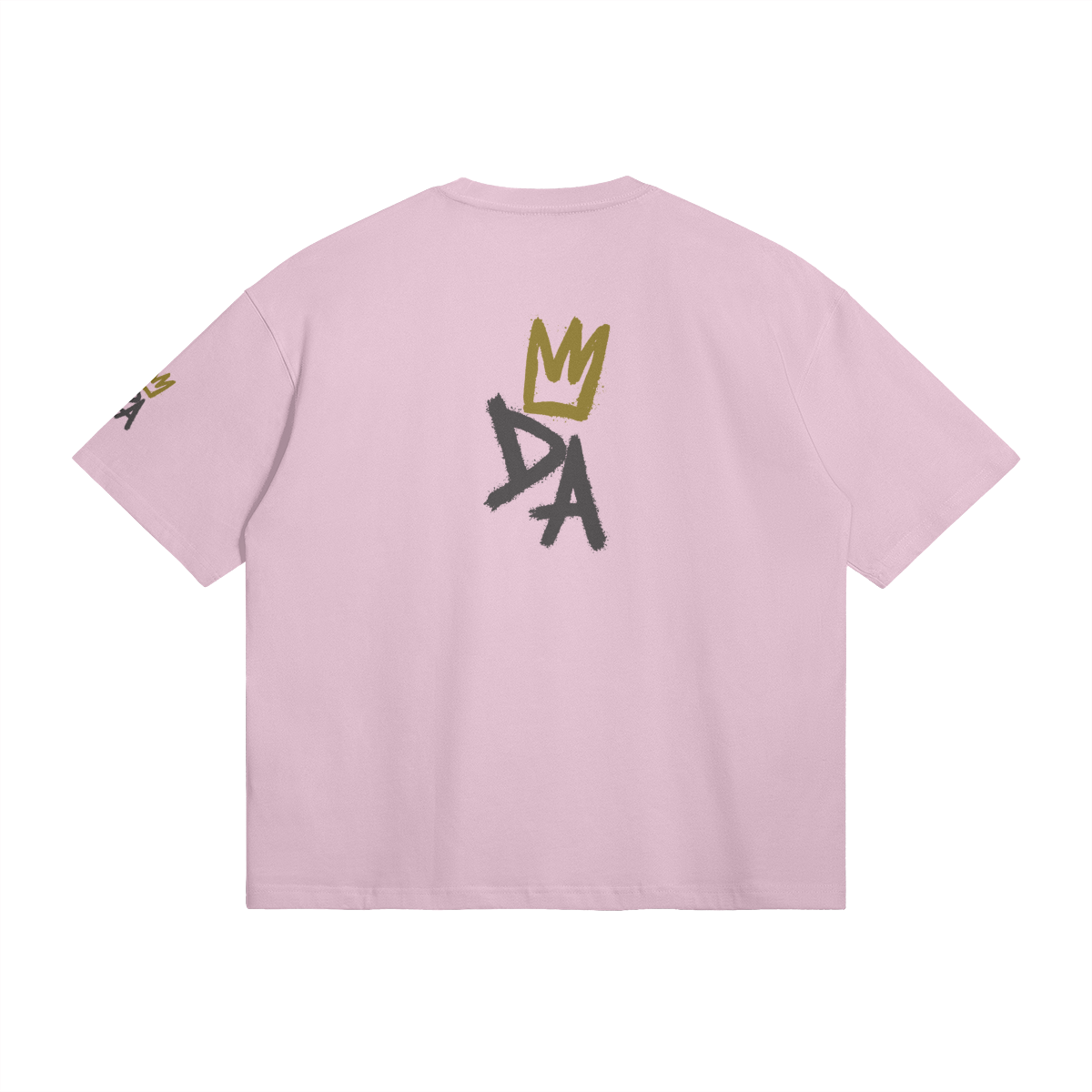 Back view of the Durare Graffiti Tee in pink color with a bold DA logo and crown design.
