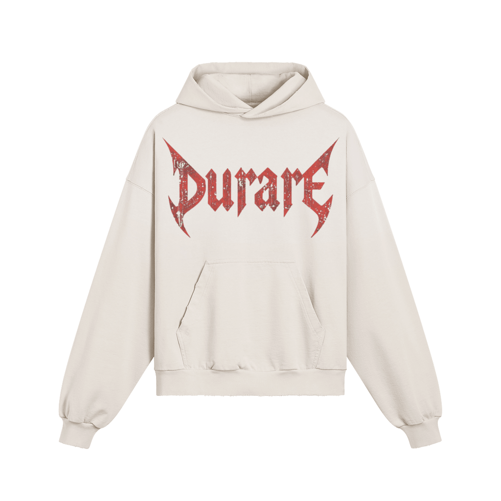 Durare Eternal Hoodie featuring a distressed design with a kangaroo pocket and a vibrant logo on a cream background.