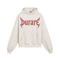Durare Eternal Hoodie featuring a distressed design with a kangaroo pocket and a vibrant logo on a cream background.