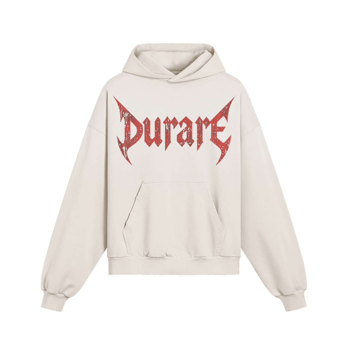 Durare Eternal Hoodie featuring a distressed design with a kangaroo pocket and a vibrant logo on a cream background.