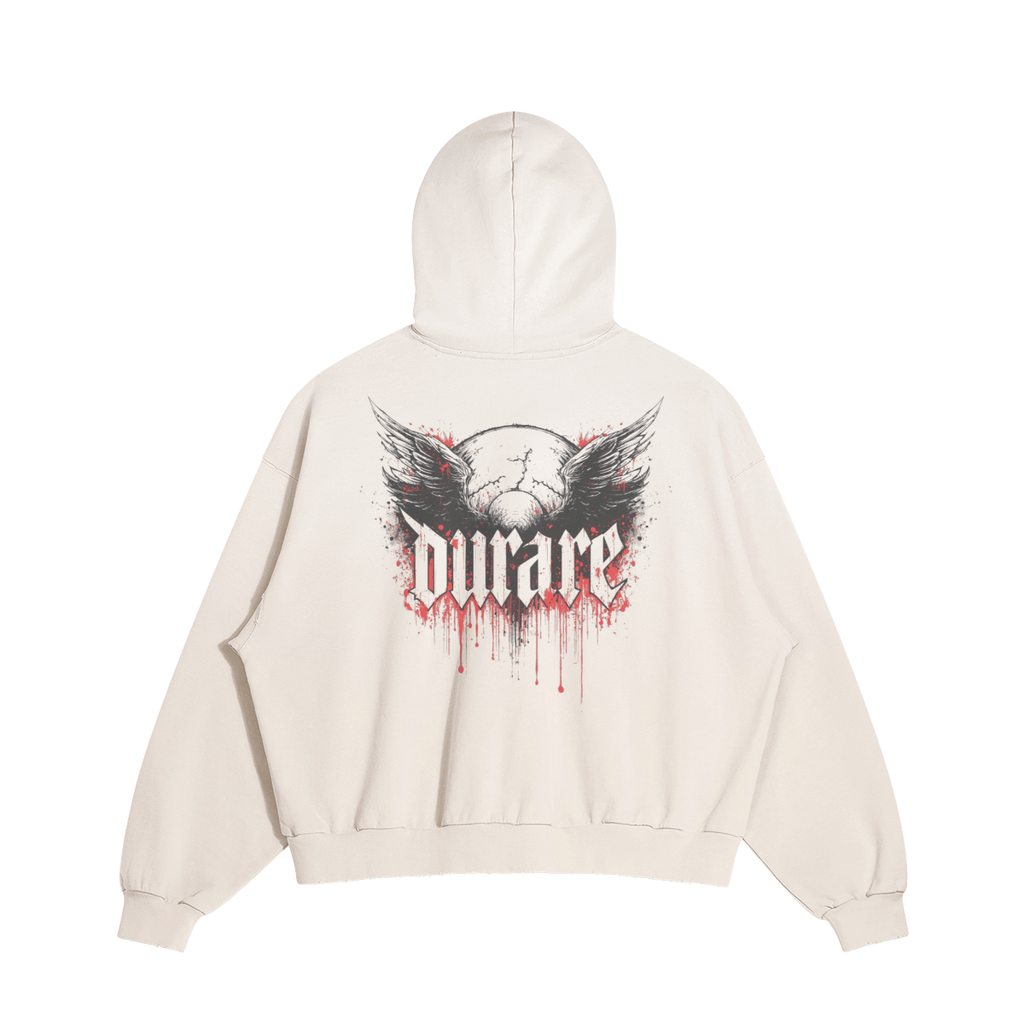 Back view of Durare Eternal Hoodie featuring wing design and bold Durare graphic.