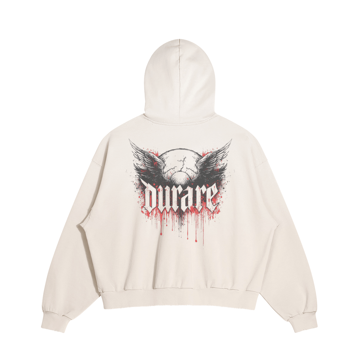 Back view of Durare Eternal Hoodie featuring wing design and bold Durare graphic.