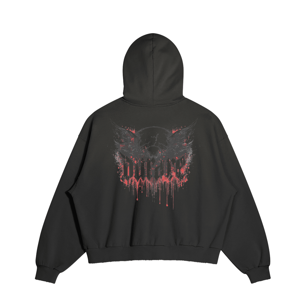 Durare Eternal Hoodie featuring a striking winged graphic design in red and black on the back, showcasing a modern, rebellious style.
