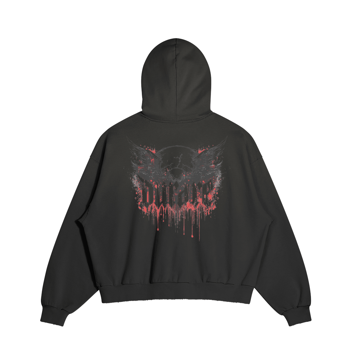 Durare Eternal Hoodie featuring a striking winged graphic design in red and black on the back, showcasing a modern, rebellious style.